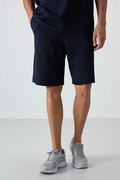 Navy Blue Cotton Thick Soft Textured Oversize Fit Basic Men's Shorts Set - 85249