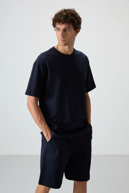 Navy Blue Cotton Thick Soft Textured Oversize Fit Basic Men's Shorts Set - 85249
