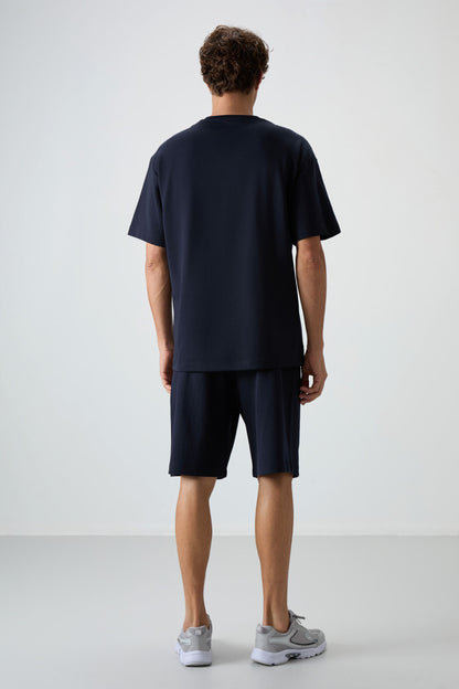 Navy Blue Cotton Thick Soft Textured Oversize Fit Basic Men's Shorts Set - 85249