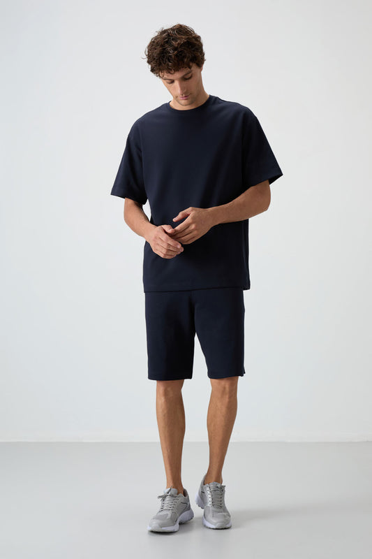Navy Blue Cotton Thick Soft Textured Oversize Fit Basic Men's Shorts Set - 85249