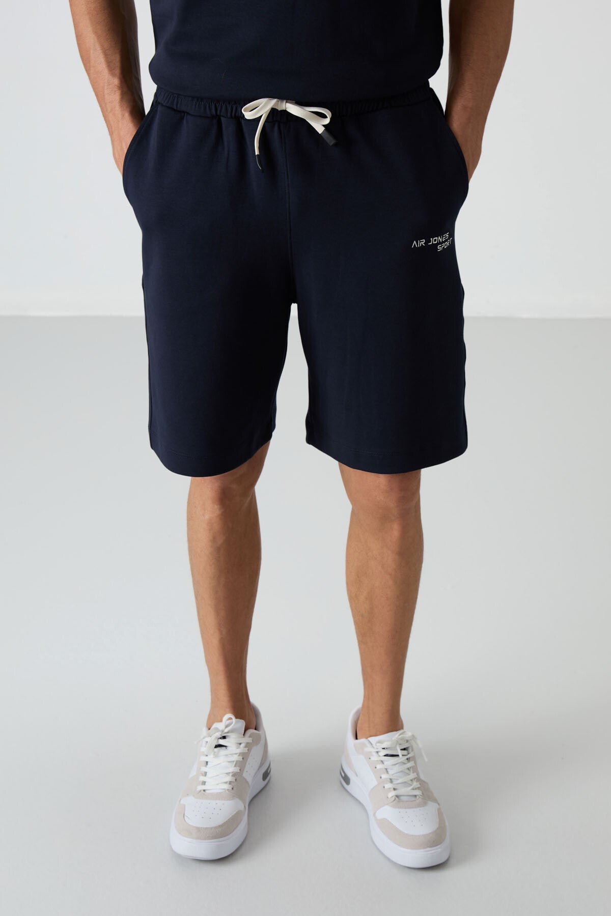 Navy Blue Cotton Thick Soft Textured Oversize Fit Embroidered Men's Shorts Set - 85250