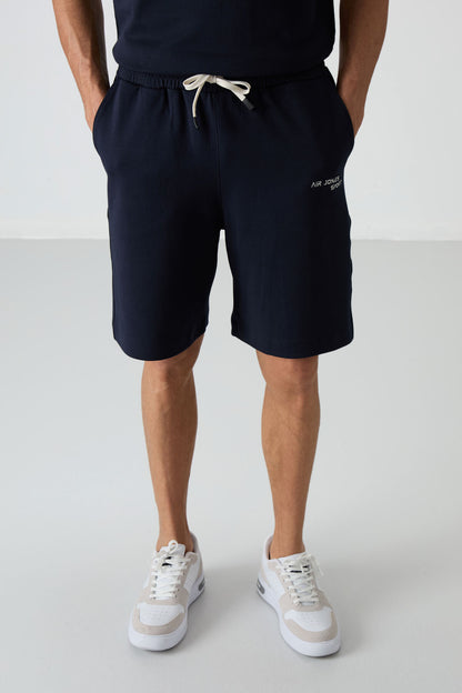 Navy Blue Cotton Thick Soft Textured Oversize Fit Embroidered Men's Shorts Set - 85250