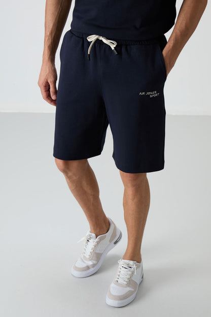 Navy Blue Cotton Thick Soft Textured Oversize Fit Embroidered Men's Shorts Set - 85250