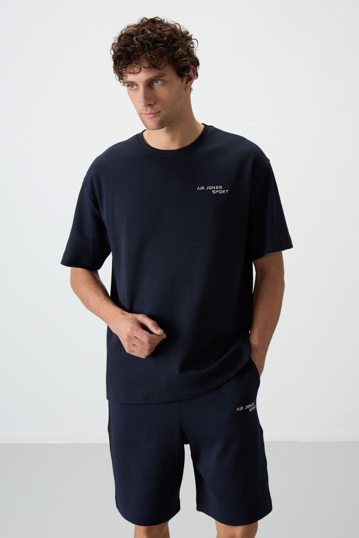 Navy Blue Cotton Thick Soft Textured Oversize Fit Embroidered Men's Shorts Set - 85250