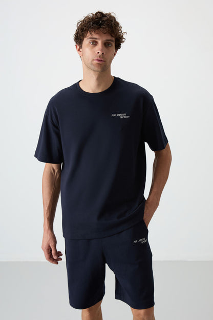 Navy Blue Cotton Thick Soft Textured Oversize Fit Embroidered Men's Shorts Set - 85250