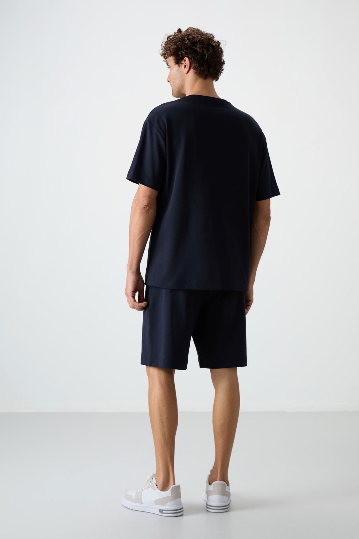 Navy Blue Cotton Thick Soft Textured Oversize Fit Embroidered Men's Shorts Set - 85250