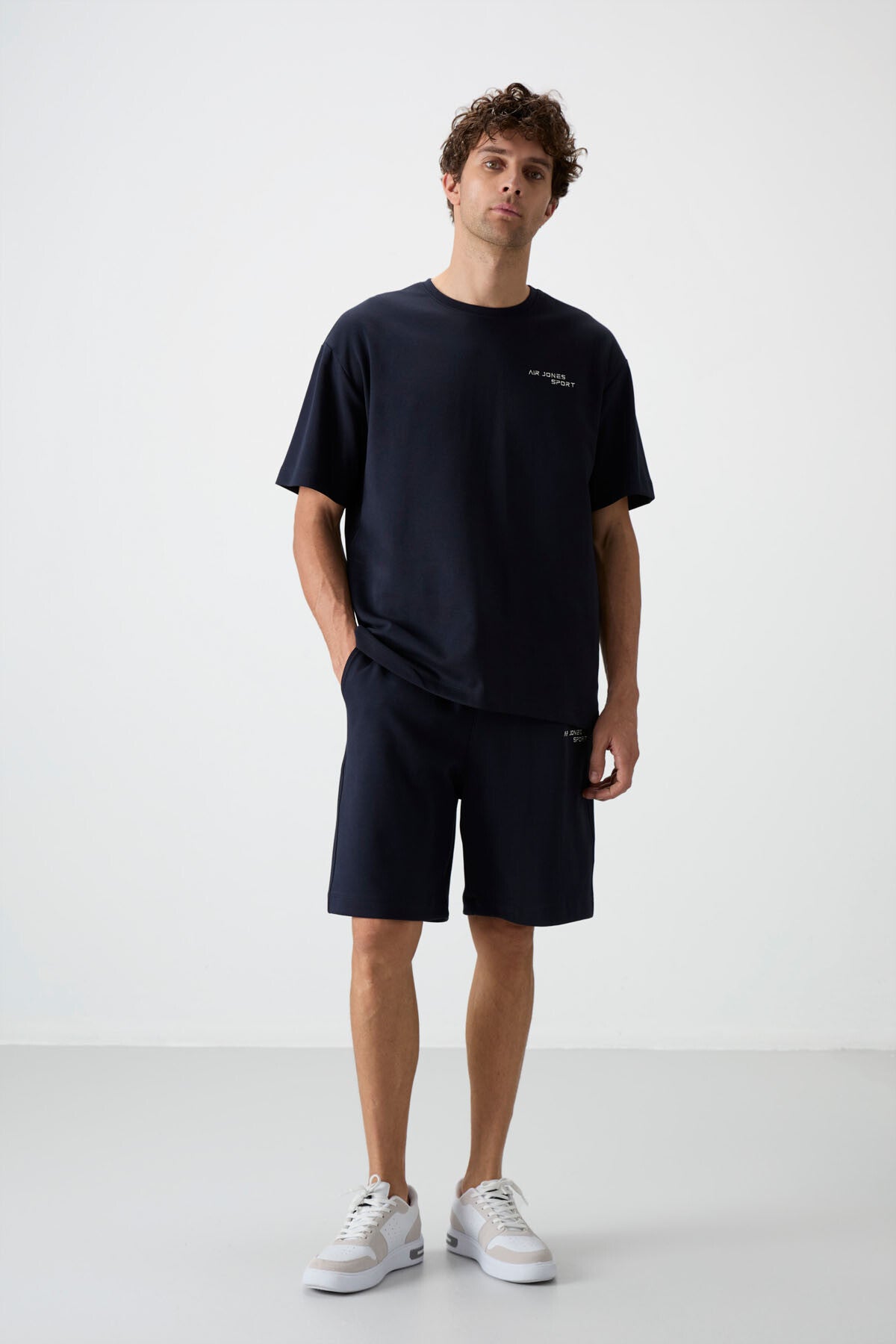 Navy Blue Cotton Thick Soft Textured Oversize Fit Embroidered Men's Shorts Set - 85250