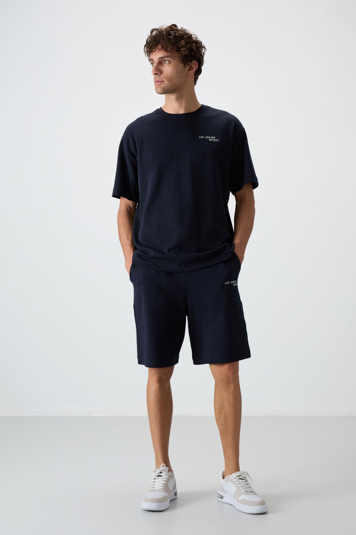 Navy Blue Cotton Thick Soft Textured Oversize Fit Embroidered Men's Shorts Set - 85250