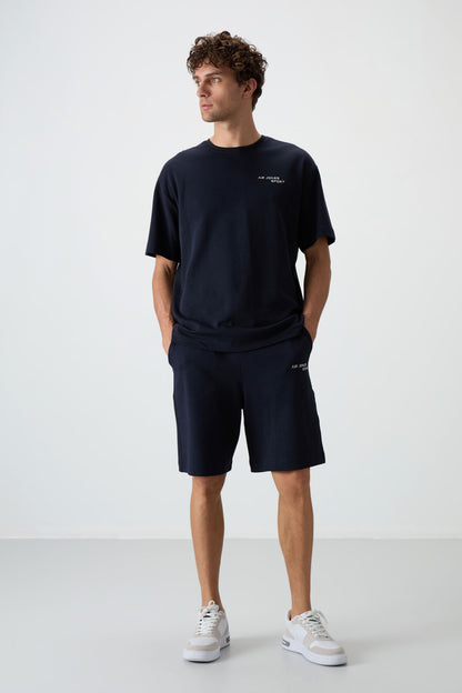 Navy Blue Cotton Thick Soft Textured Oversize Fit Embroidered Men's Shorts Set - 85250