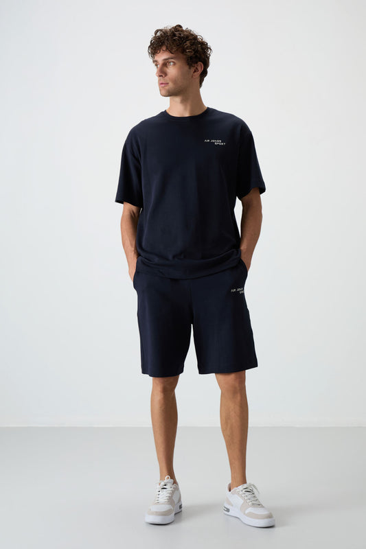 Navy Blue Cotton Thick Soft Textured Oversize Fit Embroidered Men's Shorts Set - 85250