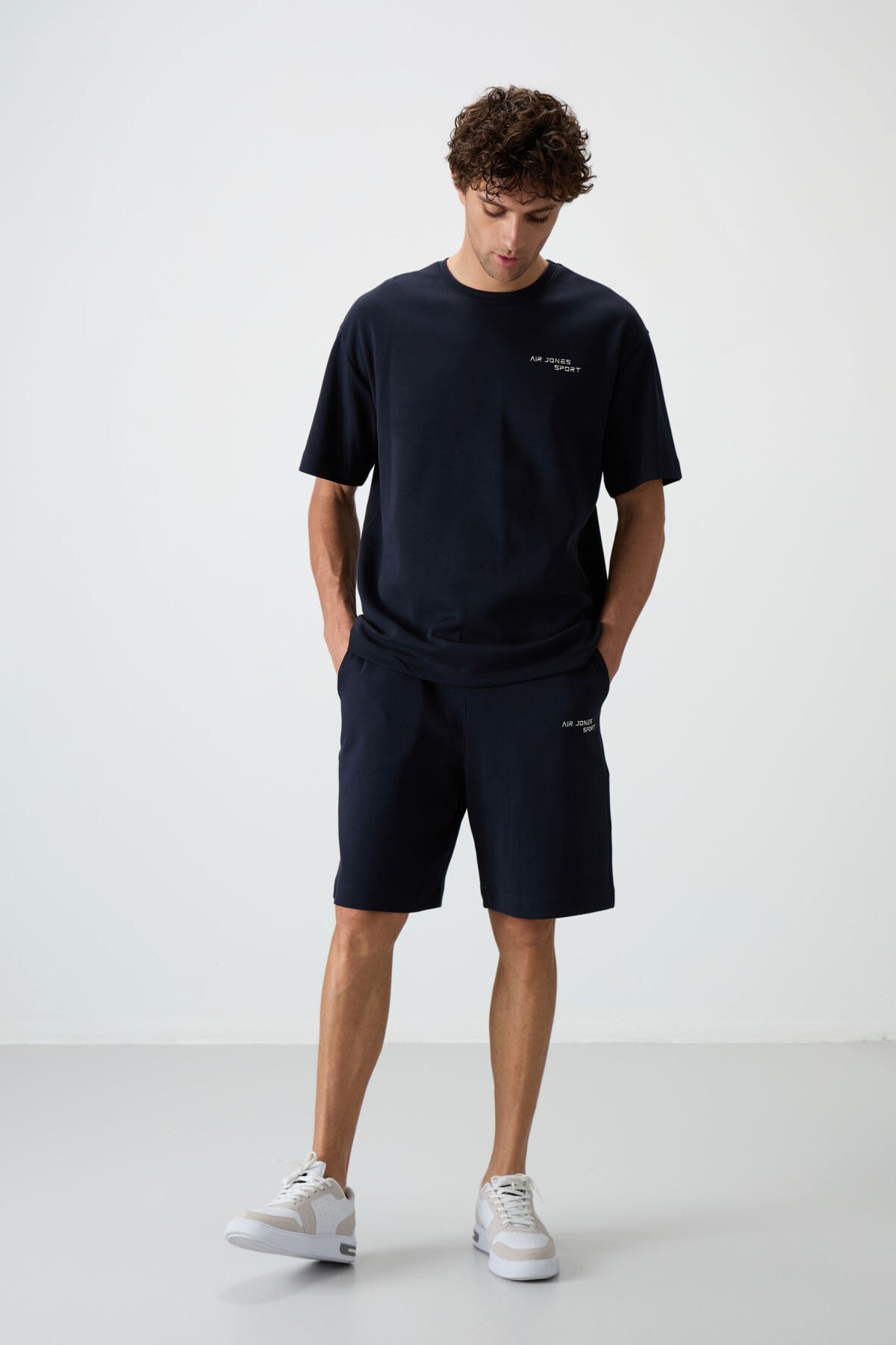 Navy Blue Cotton Thick Soft Textured Oversize Fit Embroidered Men's Shorts Set - 85250
