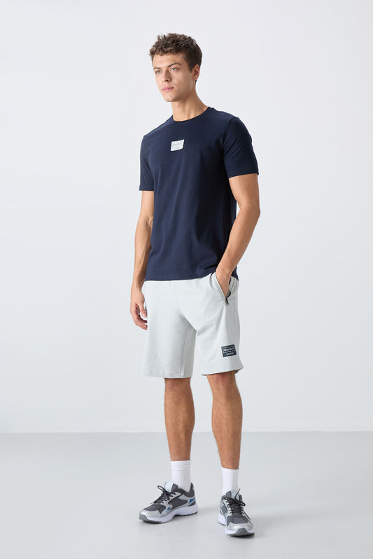 Navy - Stone Cotton Soft Textured Standard Fit Printed Men's Shorts Set - 85243