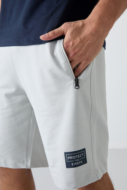 Navy - Stone Cotton Soft Textured Standard Fit Printed Men's Shorts Set - 85243