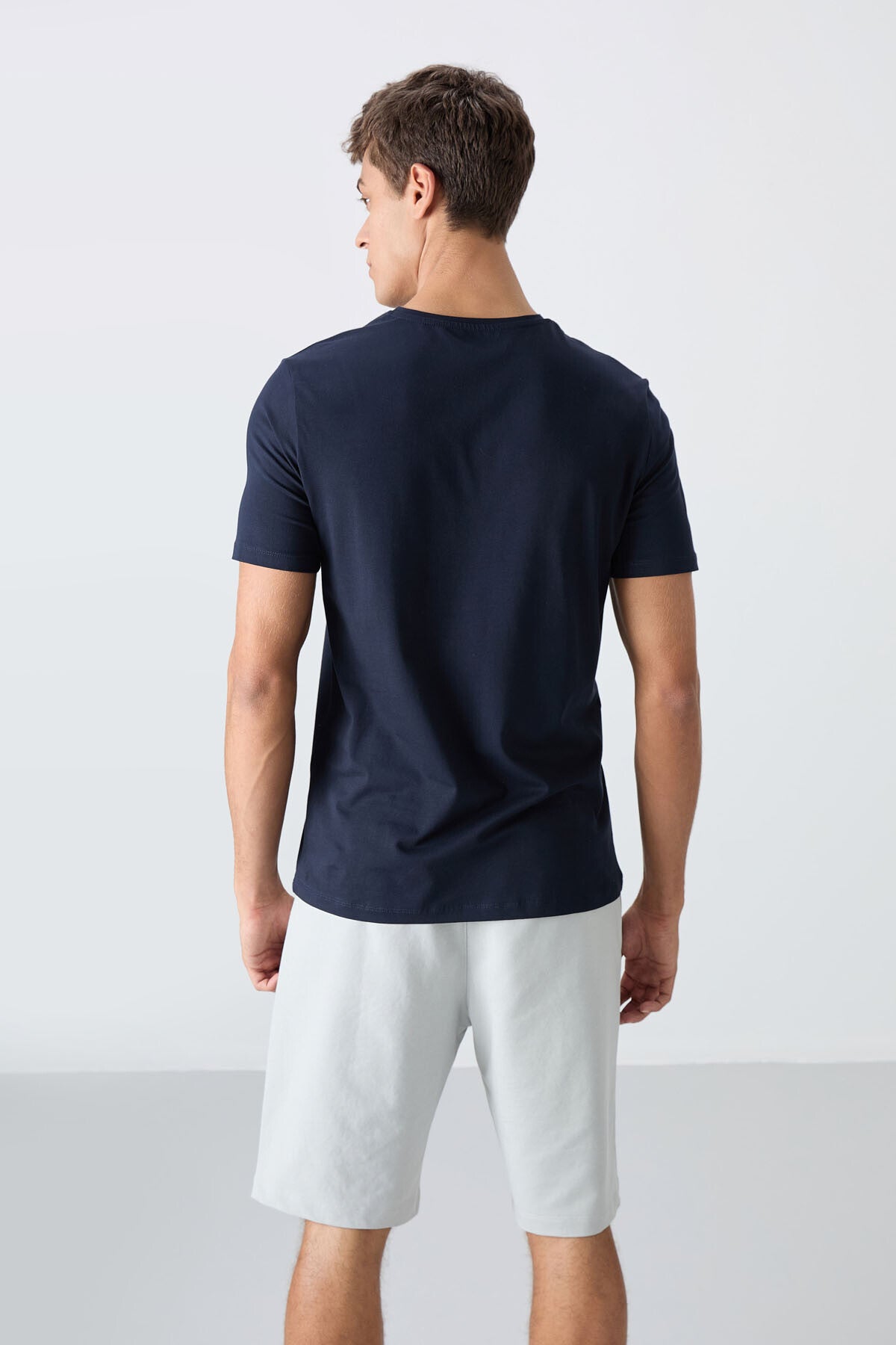 Navy - Stone Cotton Soft Textured Standard Fit Printed Men's Shorts Set - 85243