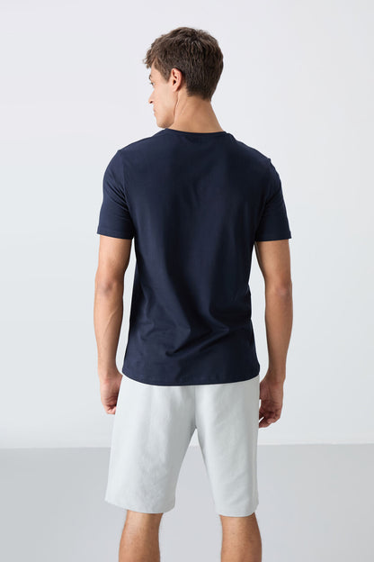 Navy - Stone Cotton Soft Textured Standard Fit Printed Men's Shorts Set - 85243