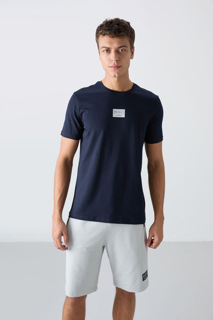 Navy - Stone Cotton Soft Textured Standard Fit Printed Men's Shorts Set - 85243