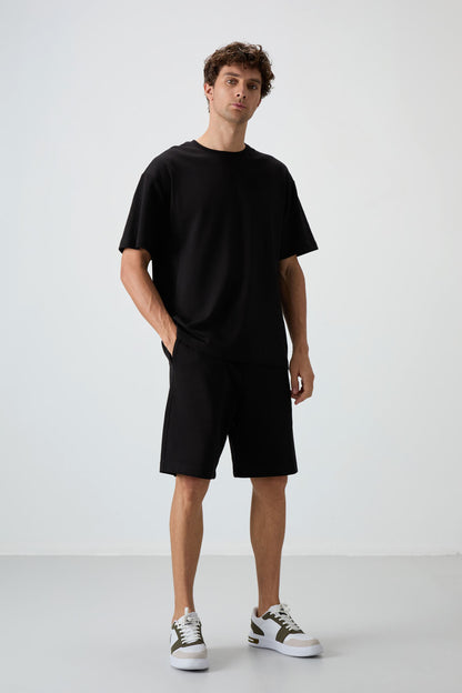 Black Cotton Thick Soft Textured Oversize Fit Basic Men's Shorts Set - 85249