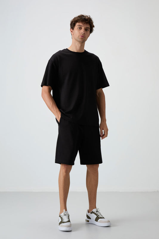 Black Cotton Thick Soft Textured Oversize Fit Basic Men's Shorts Set - 85249