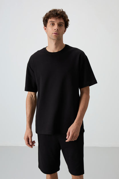 Black Cotton Thick Soft Textured Oversize Fit Basic Men's Shorts Set - 85249