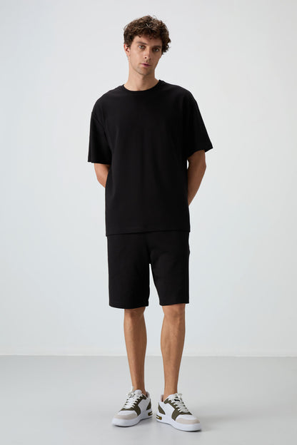 Black Cotton Thick Soft Textured Oversize Fit Basic Men's Shorts Set - 85249
