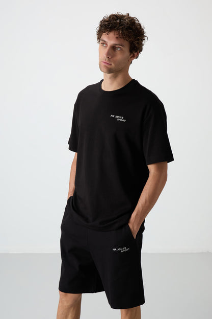 Black Cotton Thick Soft Textured Oversize Fit Embroidered Men's Shorts Set - 85250