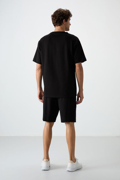 Black Cotton Thick Soft Textured Oversize Fit Embroidered Men's Shorts Set - 85250