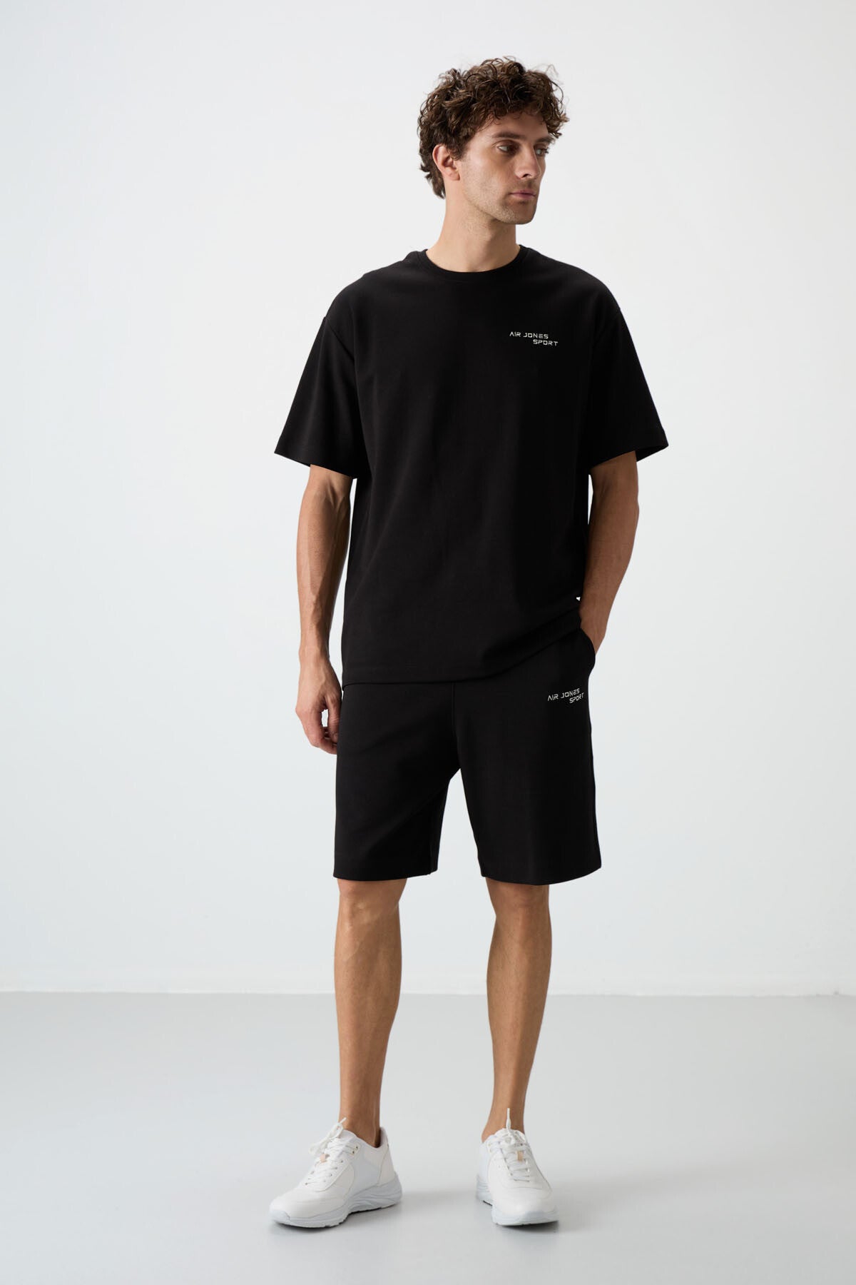 Black Cotton Thick Soft Textured Oversize Fit Embroidered Men's Shorts Set - 85250