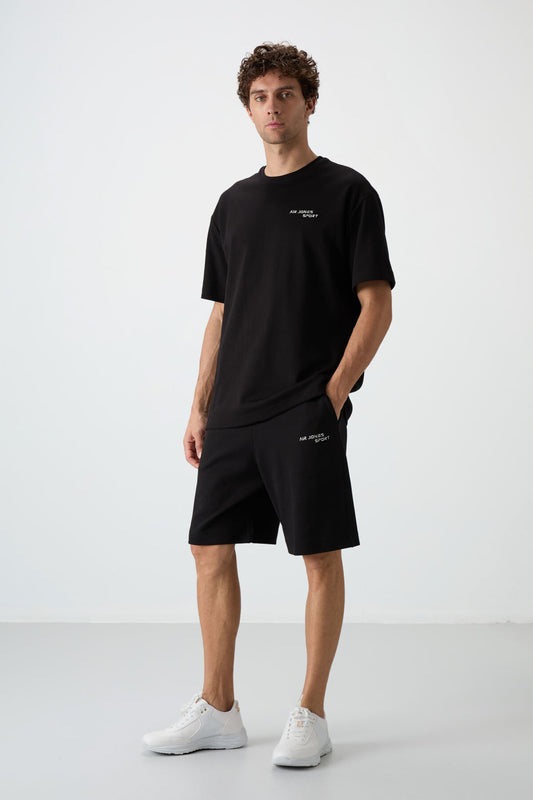 Black Cotton Thick Soft Textured Oversize Fit Embroidered Men's Shorts Set - 85250