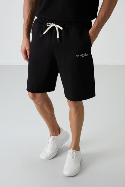 Black Cotton Thick Soft Textured Oversize Fit Embroidered Men's Shorts Set - 85250
