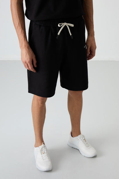 Black Cotton Thick Soft Textured Oversize Fit Embroidered Men's Shorts Set - 85250