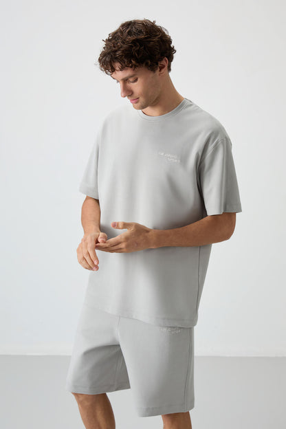 Stone Cotton Thick Soft Textured Oversize Fit Embroidered Men's Shorts Set - 85250