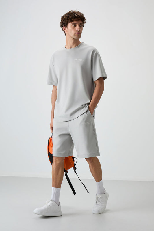Stone Cotton Thick Soft Textured Oversize Fit Embroidered Men's Shorts Set - 85250