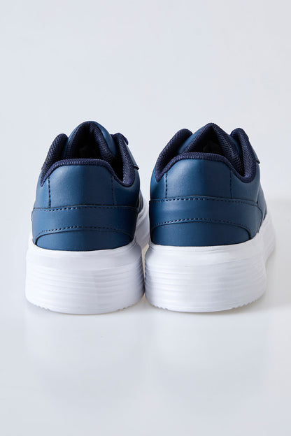 Navy Blue Laced Perforated PU Leather Men's Sports Shoe - 89125