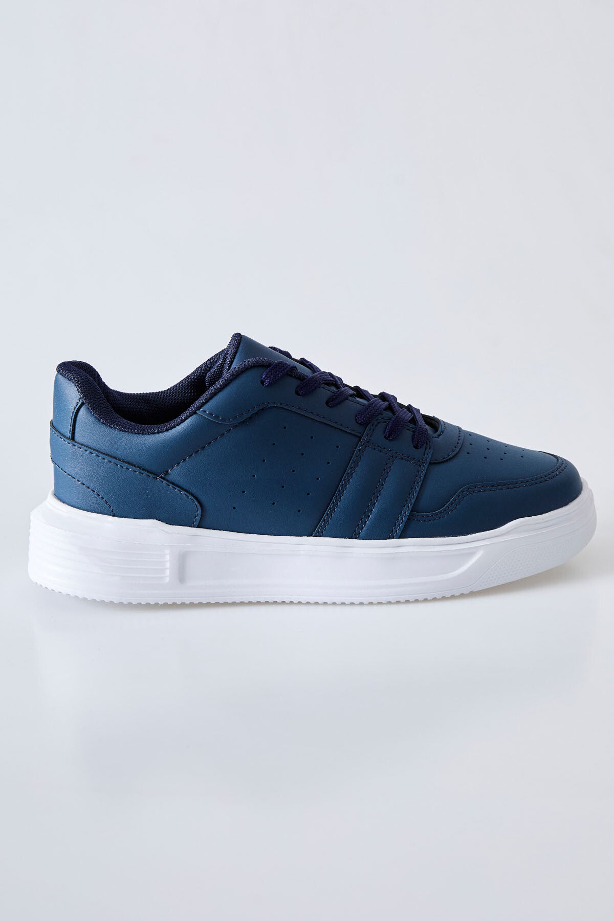 Navy Blue Laced Perforated PU Leather Men's Sports Shoe - 89125