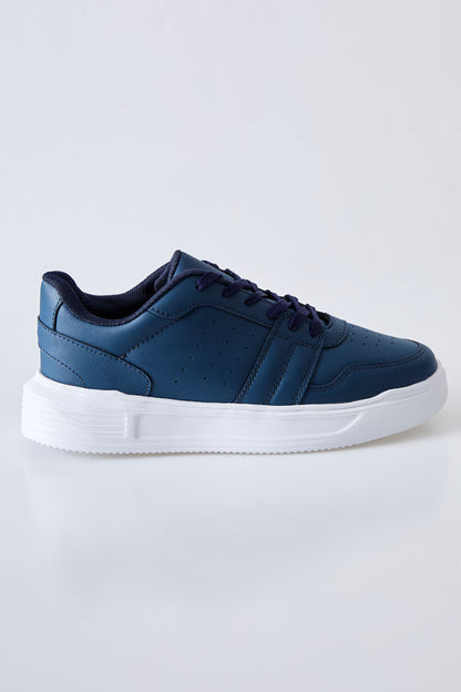 Navy Blue Laced Perforated PU Leather Men's Sports Shoe - 89125