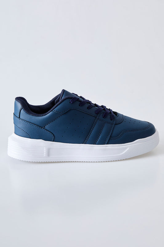 Navy Blue Laced Perforated PU Leather Men's Sports Shoe - 89125