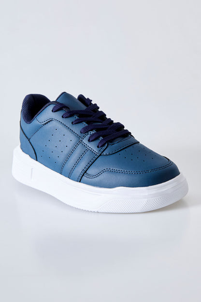 Navy Blue Laced Perforated PU Leather Men's Sports Shoe - 89125