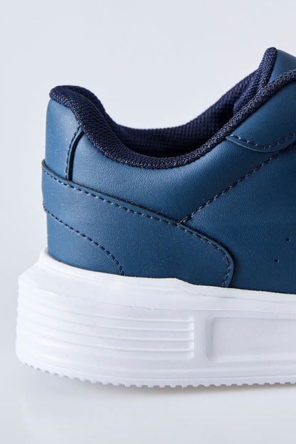 Navy Blue Laced Perforated PU Leather Men's Sports Shoe - 89125