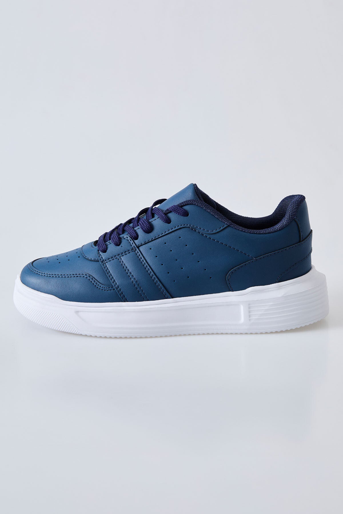 Navy Blue Laced Perforated PU Leather Men's Sports Shoe - 89125