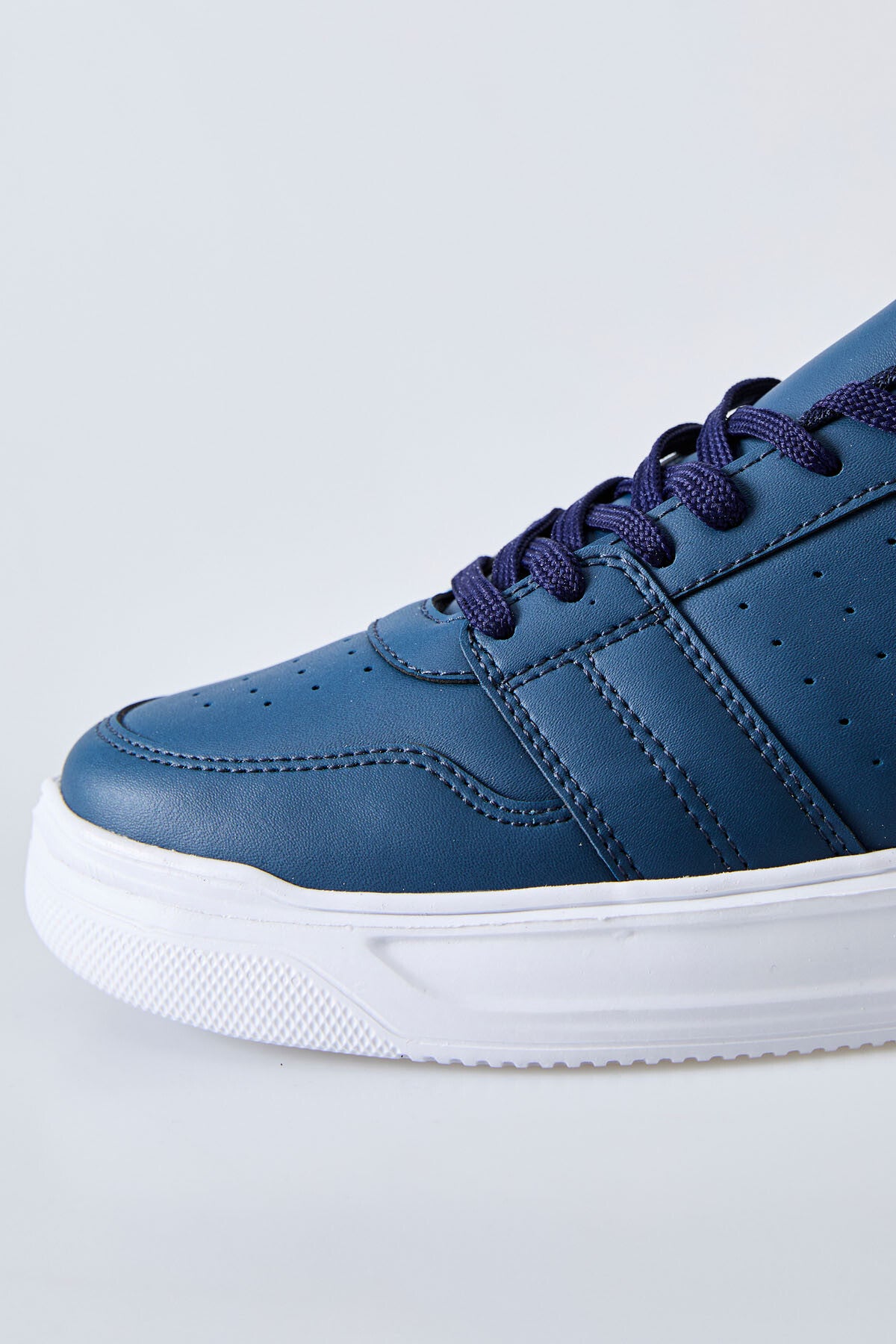 Navy Blue Laced Perforated PU Leather Men's Sports Shoe - 89125