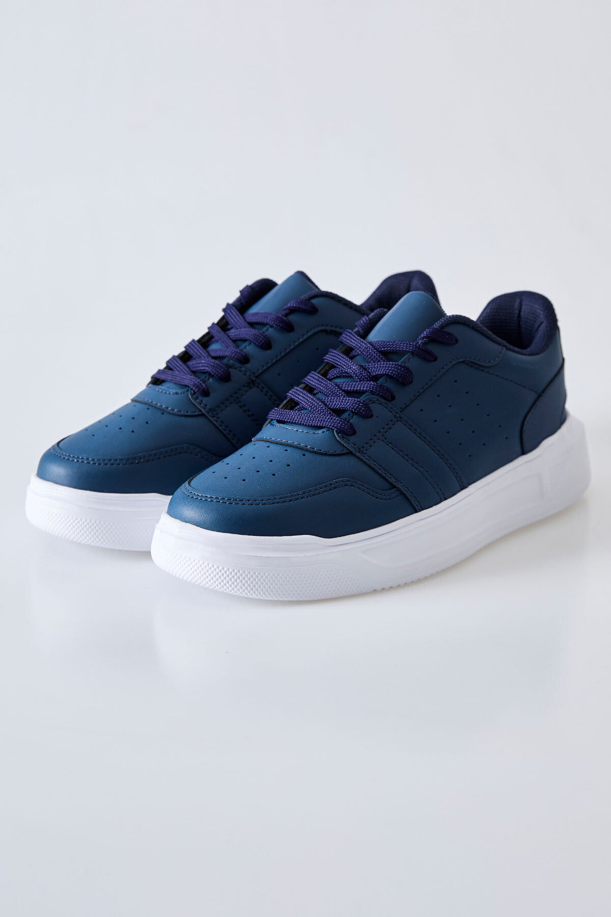 Navy Blue Laced Perforated PU Leather Men's Sports Shoe - 89125