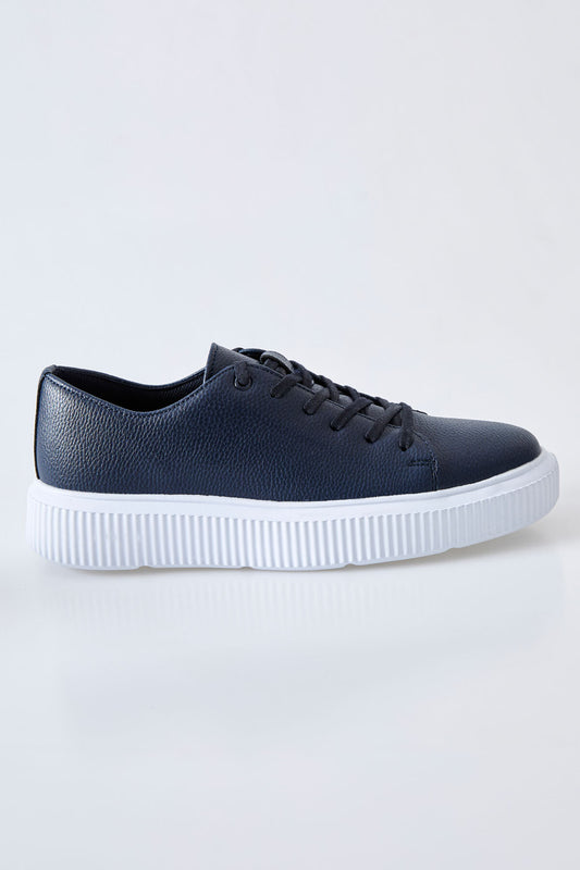 Navy Blue Laced Perforated PU Leather Men's Sports Shoes - 89129