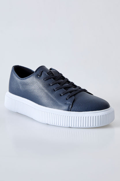 Navy Blue Laced Perforated PU Leather Men's Sports Shoes - 89129