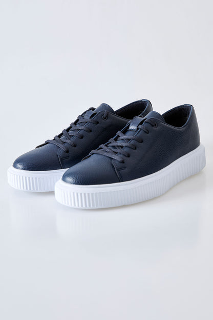 Navy Blue Laced Perforated PU Leather Men's Sports Shoes - 89129