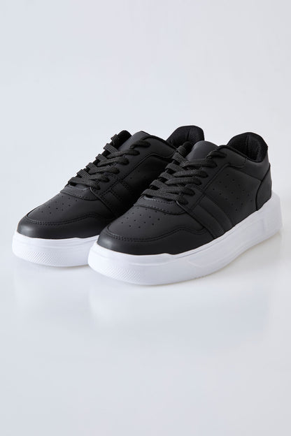 Black-White Laced Perforated PU Leather Men's Sports Shoes - 89125