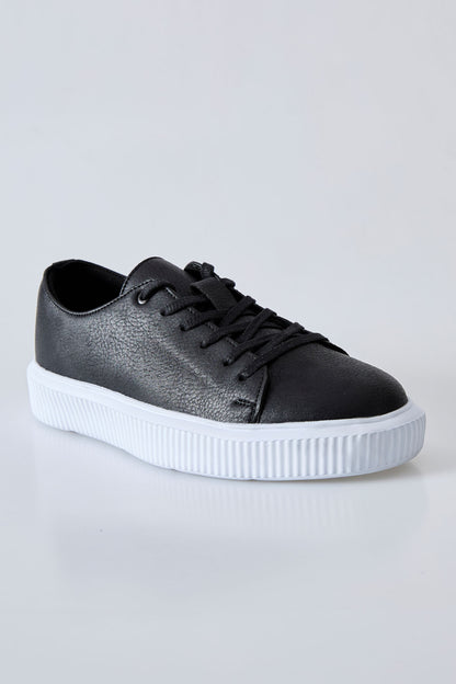 Black-White Laced Perforated PU Leather Men's Sports Shoes - 89129