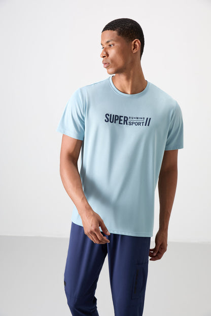 Light Blue Polyester Breathable Textured Thin Flexible Standard Fit Men's Performance T-Shirt - 88385
