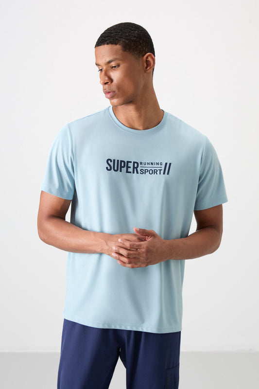 Light Blue Polyester Breathable Textured Thin Flexible Standard Fit Men's Performance T-Shirt - 88385