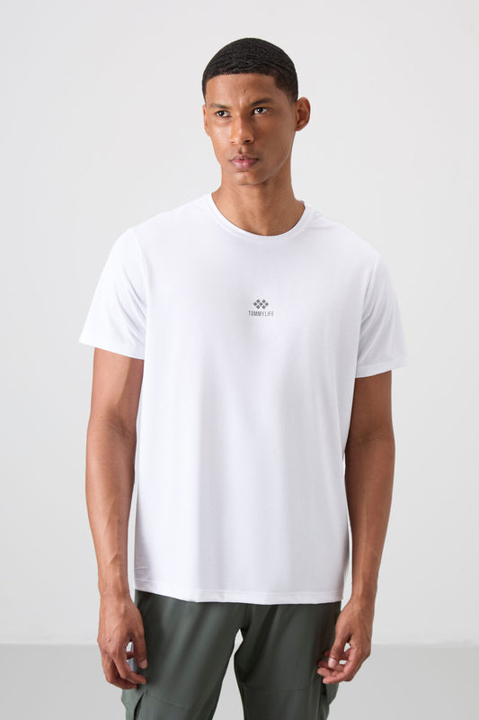 White Polyester Breathable Textured Thin Flexible Standard Fit Men's Performance T-Shirt - 88387