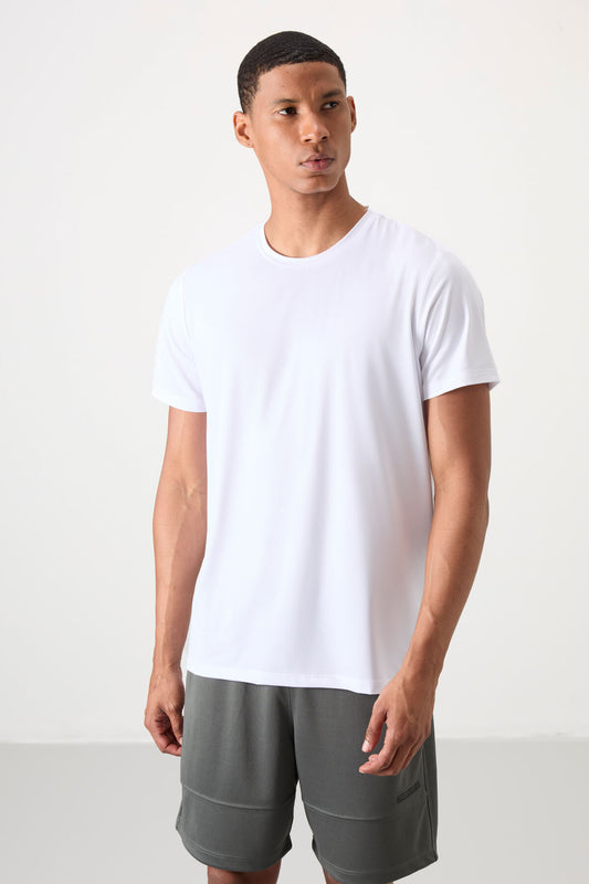 White Polyester Breathable Textured Thin Flexible Standard Fit Men's Performance T-Shirt - 88388